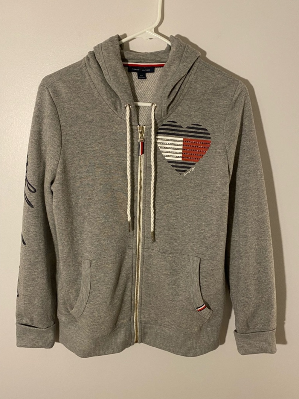Tommy Hilfiger Hoodie Women’s S/P Gray Full Zip Heart Logo Sweatshirt Athleisure
